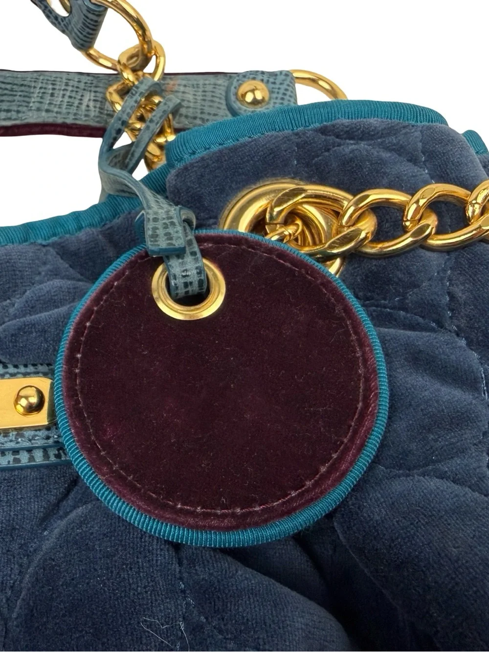 Juicy Couture Navy Quilted Velvet Chain Shoulder Bag Gold Hardware Vintage Blue